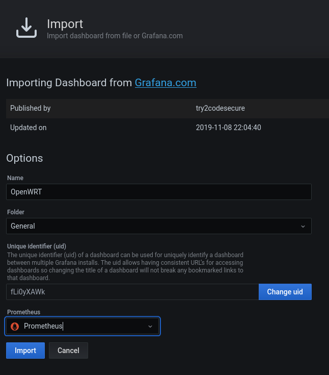 Grafana dashboard